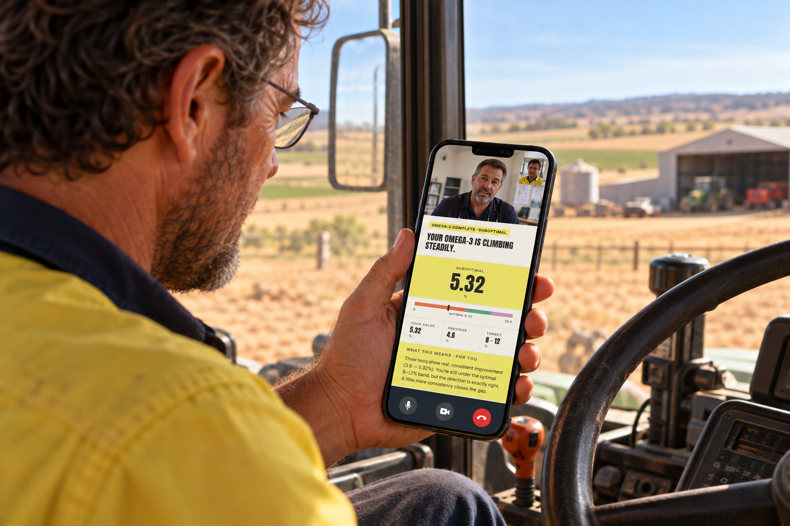 Tom reviewing a Biomorphik mobile health result during a telehealth call from a tractor
