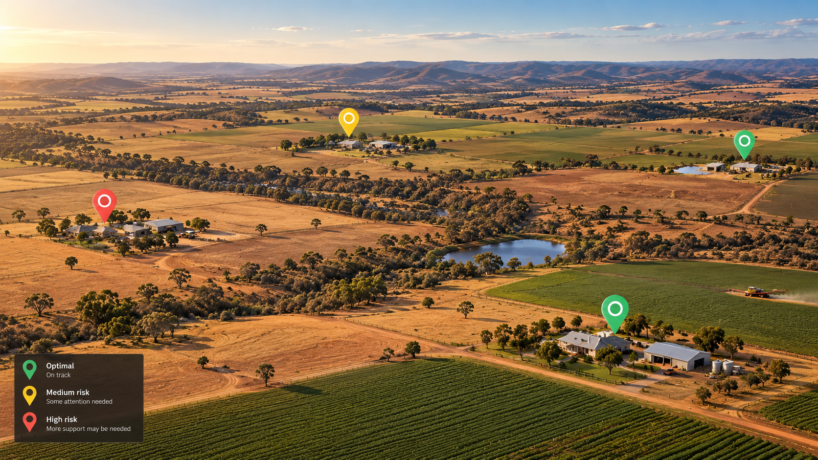 Aerial view of regional farms with health equity risk markers across the landscape